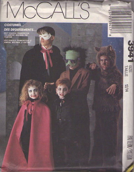 McCall's 3941 Vintage 80's Sewing Pattern Monster Costumes, Classic Movie Monsters Halloween Costumes, Phantom, Frankenstein, Dracula, Werewolf Masks, Capes Teen 12-14