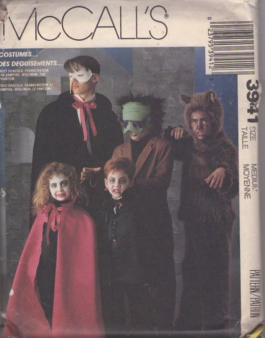 McCall's 3941 Vintage 80's Sewing Pattern Monster Costumes, Classic Movie Monsters Halloween Costumes, Phantom, Frankenstein, Dracula, Werewolf Masks, Capes Adult M