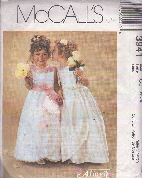 McCall's 3941 Retro 2003 Sewing Pattern Girls' Formal Dress, Alicyn Exclusives Pleated Tulip Wrap Front Overskirt Fancy Flower Girl, Formal Party Gown, Dress Set Size 6-8