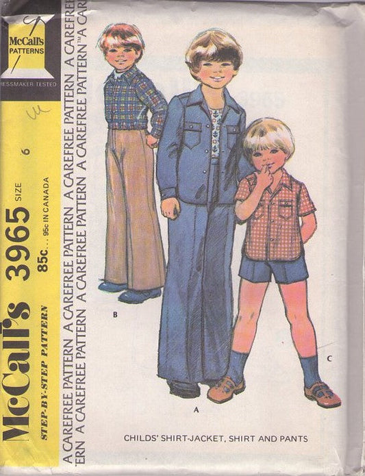 McCall's 3965 Vintage 70's Sewing Pattern Boys' Separates, Brady Bunch Style Denim Shirt Jacket, Short Sleeved Shirt, Fly Front Flared Pants & Shorts Size 6
