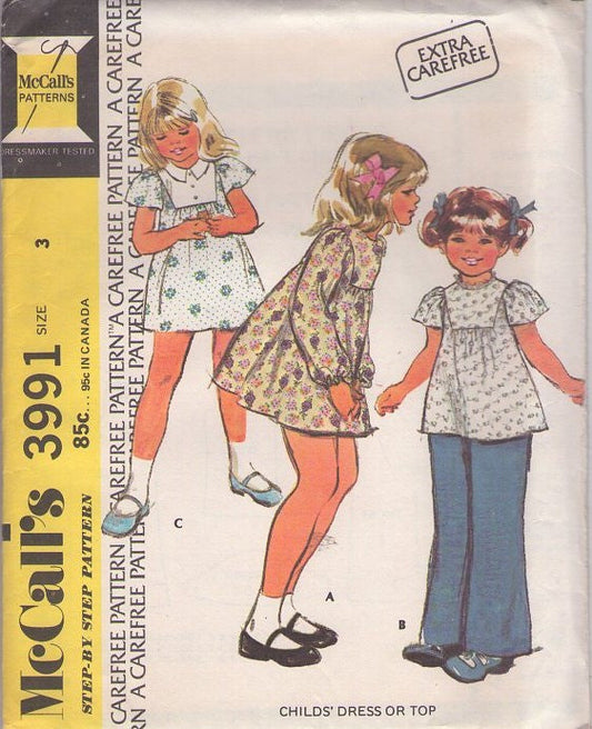McCall's 3991 Vintage 70's Sewing Pattern Girls' Dress, Top Set, Extra Carefree Yoked Flutter Sleeve Flared Smock Top, Short Brady Dress Size 3