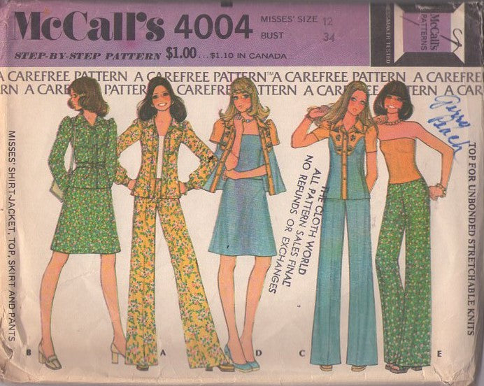McCall's 4004 Vintage 70's Sewing Pattern Casual Separates, Carefree Contrast Yoke Western Style Blouse, Shirt Jacket, A-Line Skirt, Side Zippered Pants & Disco Tube Top Size 12