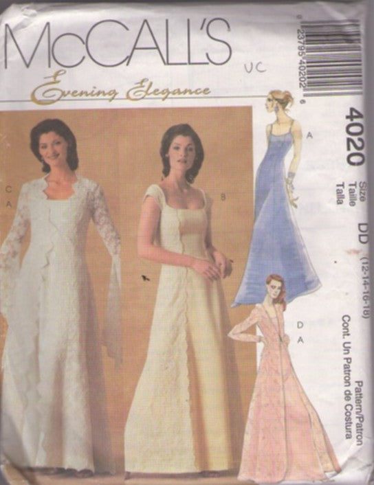 McCall's 4020 Retro 2003 Sewing Pattern Formal Gowns, Evening Elegance Smooth Panel Front Renaissance Style Wedding Dress, Prom Formal Bridesmaid Gown & SHEER LACE COAT Size 12-18