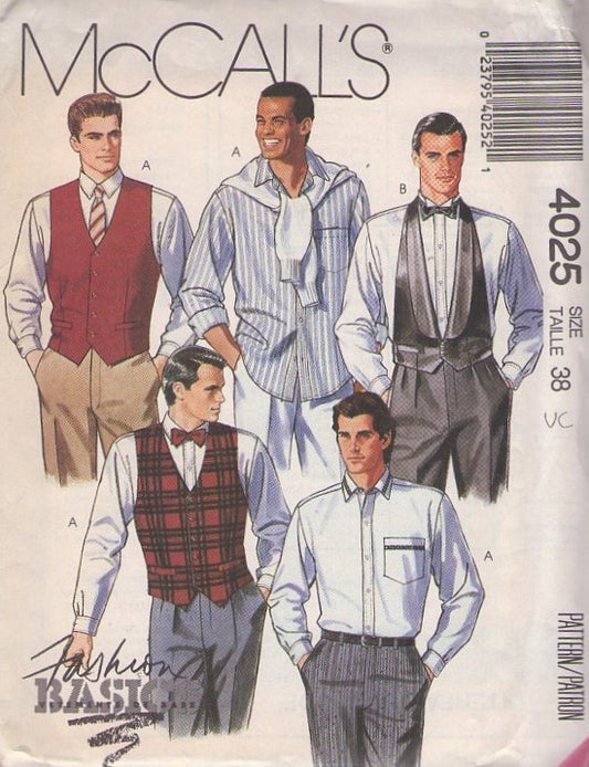 McCall's 4025 Vintage 80's Sewing Pattern Men's Dress Shirt, Tuxedo or Suit Vest Set, Fashion Basics Size XL 46