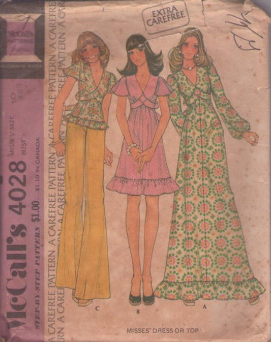 McCall's 4028 Vintage 70's Sewing Pattern Hippie Dress, Bohemian Top, Maxi Gown, Cross Bodice, V Neck, Ruffles Size 10