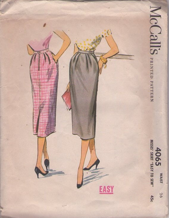 McCall's 4065 Vintage 50's Sewing Pattern Classic Skirts, Easy to Sew Dart Fitted Pinup Girl Secretary Slim Skirt, Pockets Waist 26