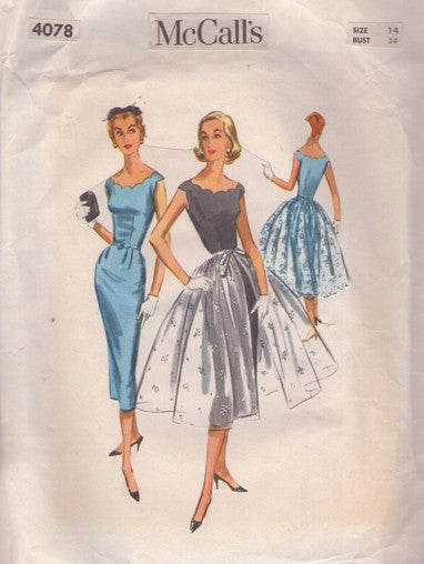 McCall's 4078 Vintage 50's Sewing Pattern Cocktail Party Dress, Sheer Lace Overskirt, Rockabilly Sheath & Apron Skirt Size 14