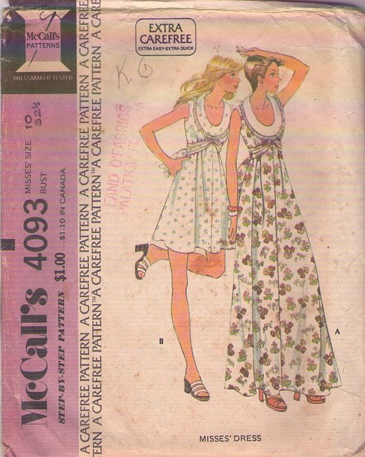 McCall's 4093 Vintage 70's Sewing Pattern Hippie Dress, Cottagecore, Disco Party Hostess, Scoop Neck, Tie Back, Garden Party Mini or Maxi Size 10