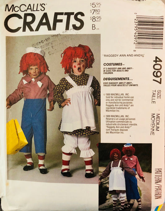 McCall's 4097 Vintage 80's Sewing Pattern Character Costumes, Couples' Halloween Costumes Raggedy Ann & Andy Jumpsuit, Dress, Pinafore Apron, Bloomers & Yarn Hair Wigs Adult Medium