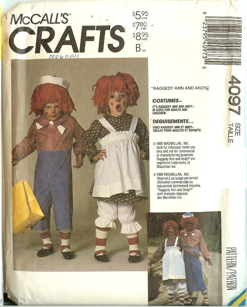 McCall's 4097 Vintage 80's Sewing Pattern Character Costumes, Couples' Halloween Costumes Raggedy Ann & Andy Jumpsuit, Dress, Pinafore Apron, Bloomers & Yarn Hair Wigs Adult Small