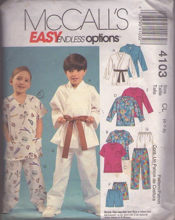McCall's 4103 Retro 2003 Sewing Pattern Kids' Costumes, Easy Endless Options Be Like Mommy or Daddy Kids' Scrubs Uniform Top & Pants, Karate Outfit And Shorts Size 6-8