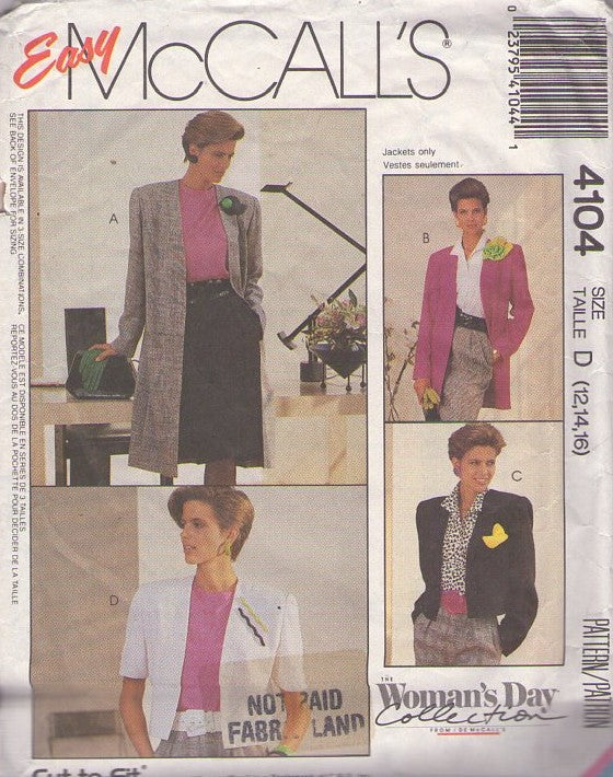 McCall's 4104 Vintage 80's Sewing Pattern Easy Coat and Jacket Set, Woman's Day Collection, 4 Styles Size 6-10