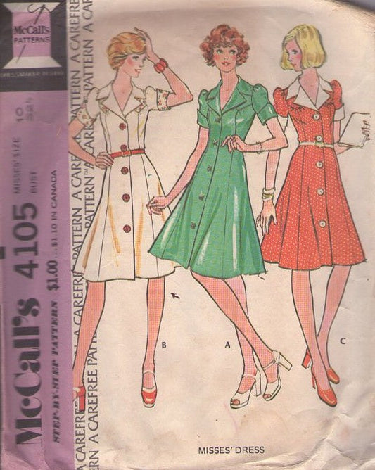McCall's 4105 Vintage 70's Sewing Pattern Dress Set, 50s Waitress Look Puff Cuffed Sleeve Front Buttoned Fit & Flare Secretary Day Dress 3 Styles Size 10
