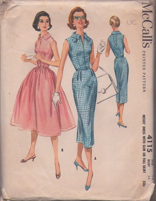 McCall's 4115 Vintage 50's Sewing Pattern Rockabilly Dress Set, Slim Sheath or Full Pleated Skirt Front Zippered Shirtwaist Day Dress, Tab Trim Size 14