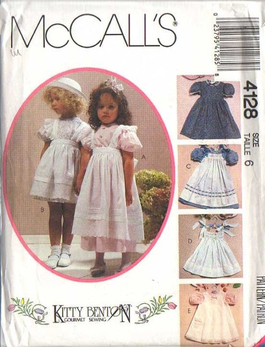 McCall's 4128 Vintage 80's Sewing Pattern Toddler Girls' Old Fashioned Dress, Country Pinafore Apron, Cottagecore, Kitty Benton Size 2