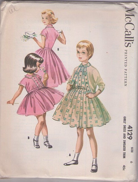 McCall's 4129 Vintage 50's Sewing Pattern Girls' Dress & Sweater Set, Gathered Skirt School Party Shirtwaist Dress, Sweater Trim to Match Size 6