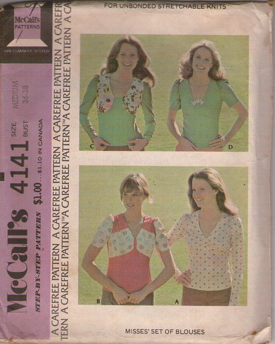 McCall's 4141 Vintage 70's Sewing Pattern Disco Tshirt Tops, That 70's Show, Fauxlero, Fake Vest Looks Top Set, 4 Styles Size M