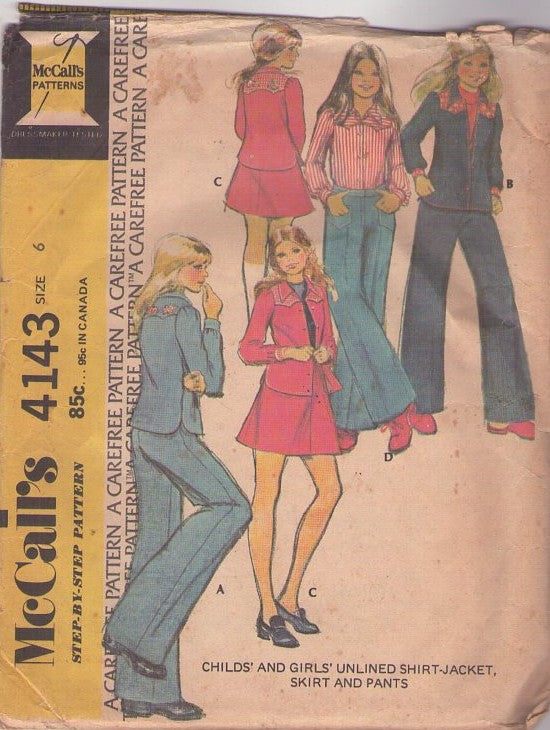 McCall's 4143 Vintage 70's Sewing Pattern Girls' Separates, Super Fly Shirt Jacket Blouse, Flared Bell Bottom Brady Bunch Pants, Flared Mini Skirt Size 6