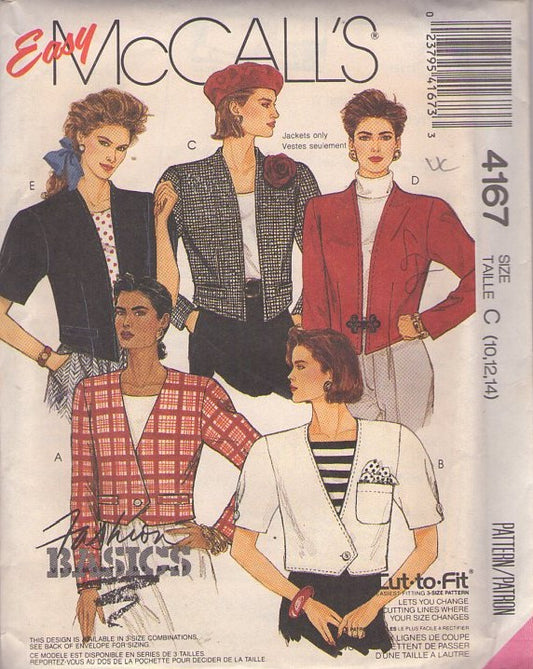 McCall's 4167 Vintage 80's Sewing Pattern Easy Jacket Set, Fashion Basics Career or Evening, 5 Styles Size 10-14