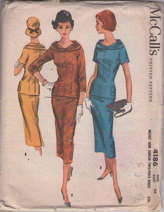 McCall's 4186 Vintage 50's Sewing Pattern Rockabilly Suit Dress, Ruched Collar, Marilyn Monroe, 2 Piece Dress, Blouse & Sheath Pencil Skirt Size 16