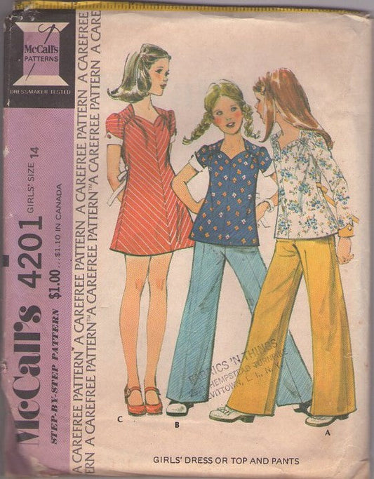 McCall's 4201 Vintage 70's Sewing Pattern Girls' School Separates, Sweetheart Neck Top, Mini Dress, Brady Bunch Pants Size 14
