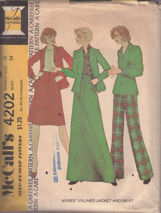 McCall's 4202 Vintage 70's Sewing Pattern Secretary Separates, Blazer Suit Jacket, Fly Front Hostess Skirt, Pants, Pantsuit Size 12