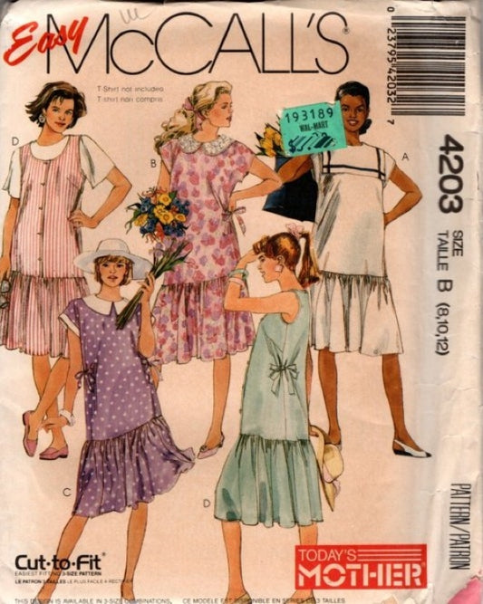 McCall's 4203 Vintage 80's Sewing Pattern Easy Today's Mother Dress Set, Drop Waist, Tied Sides Jumper, Dress, Sailor or Lace Collar, 4 Styles Size 8-12