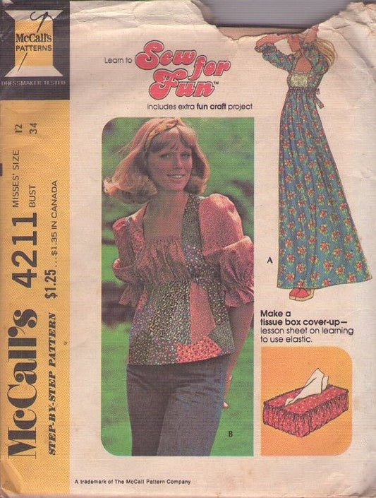 McCall's 4211 Vintage 70's Sewing Pattern Hippie Dress, Gunne Sax Cottagecore Style, Maxi Gown or Blouse, Inset Bust, Empire Waist Size 12