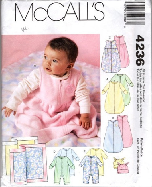 McCall's 4236 Retro 2003 Sewing Pattern Baby Layette, Bubble Bottom Bunting, Dress, Blanket, Hat, Snap Crotch Onesie All Sizes