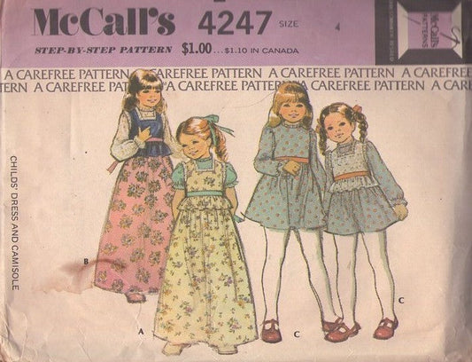 McCall's 4247 Vintage 70's Sewing Pattern Girls' Dresses, Fancy Party or School Dress Set, Maxi Party Gown with Peplum Size 4