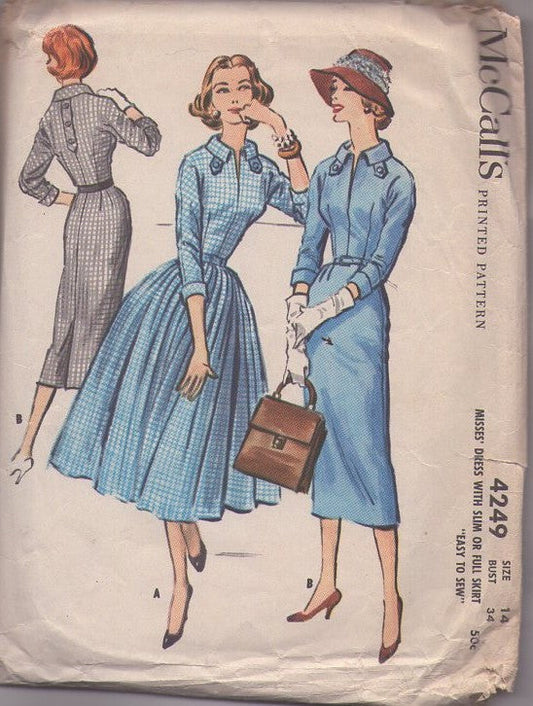 McCall's 4249 Vintage 50's Sewing Pattern Rockabilly Dresses, Button Tab Details, Slim or Full Pleated Skirt, Party or Day Dress, 2 Styles Size 14