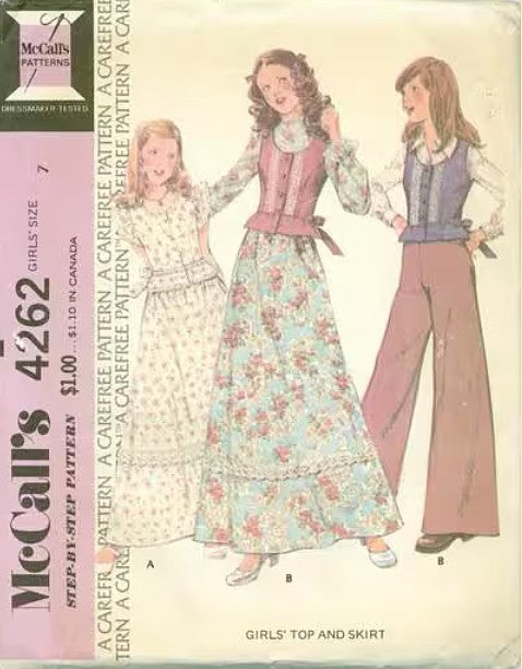 McCall's 4262 Vintage 70's Sewing Pattern Girls' Separates, Cottagecore Gunne Sax Styles, Peplum Vest Top, 3 Styles of Blouse, Wide Leg Pants and Flared Maxi Skirt Size 10