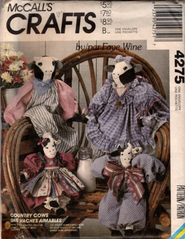 McCall's 4275 Vintage 80's Sewing Pattern County Cow Dolls, Stuffed Toy Doll, Designs by Faye Wine, Prairie Dress, Clothes OZ