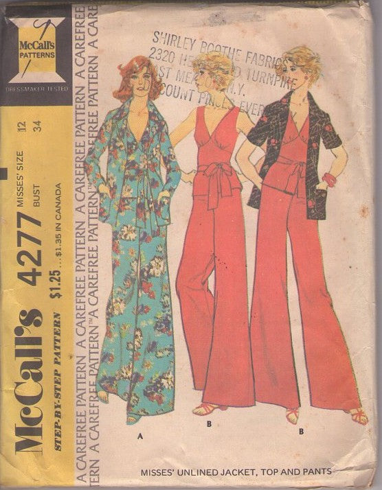 McCall's 4277 Vintage 70's Sewing Pattern Disco Separates, Lounge Wear, V Neck Top, Blouse, Shirt Jacket Cover Up, Flared Leg Pants Size 12