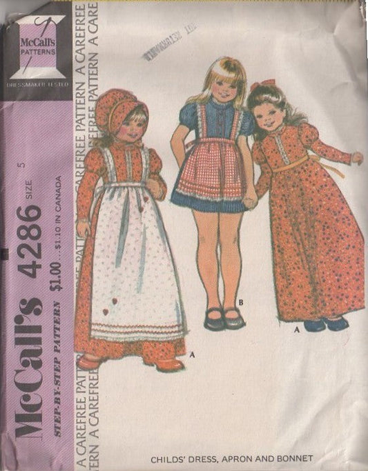 McCall's 4286 Vintage 70's Sewing Pattern Girls' Dress Set, Cottagecore Modest Holly Hobbie Style Leg O'Mutton Sleeve Maxi Dress, Apron, Sun Bonnet Hat Size 5
