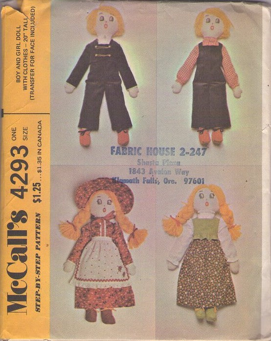 McCall's 4293 Vintage 70's Sewing Pattern Toy Rag Doll, Clothing Wardrobe, Stuffed Holly Hobbie, Dapper Dan Style Dolls, Old Fashioned Crafts 20 Tall"