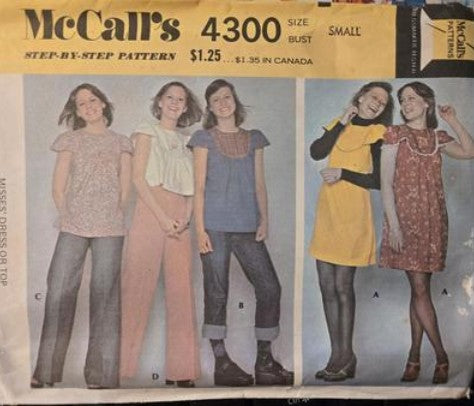 McCall's 4300 Vintage 70's Sewing Pattern Smock Top, Cropped Blouse, Yoked Mini Dress Set, 4 Cottagecore Styles Size S