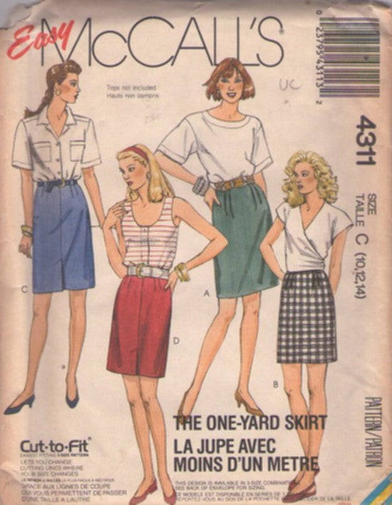 McCall's 4311 Vintage 80's Sewing Pattern Easy Skirts, One Yard Skirt Set, Secretary, Summer, Party Size 10-14