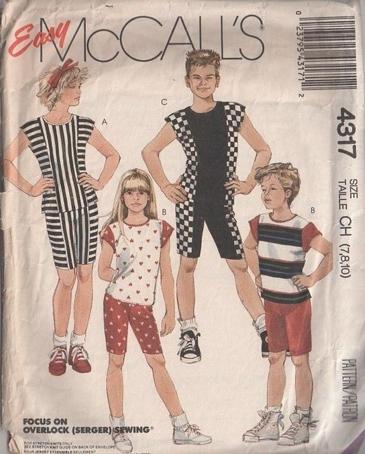 McCall's 4317 Vintage 80's Sewing Pattern Easy Kids' Top & Shorts, Glee New Wave Contrast Dance Team Work Out Clothes, Cap Sleeve Top, Bike Shorts, Leggings Shorts Size 7-10