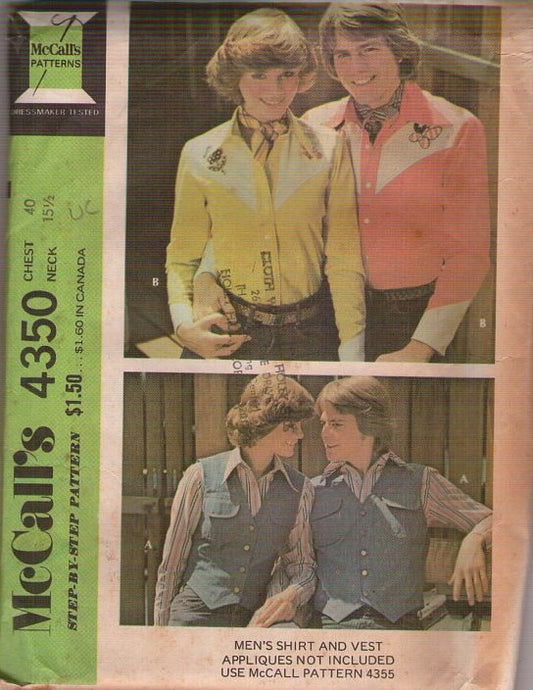 McCall's 4350 Vintage 70's Sewing Pattern Men's Disco Cowboy Shirt, Western Vest, Snaps or Buttons 2 Styles Size 40 L