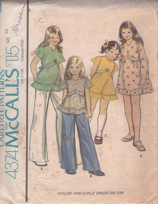 McCall's 4374 Vintage 70's Sewing Pattern Girls' Boho Separates, Shaped Waist Band Flounced Blouse, Cottagecore Party Dress, Pants Size 10
