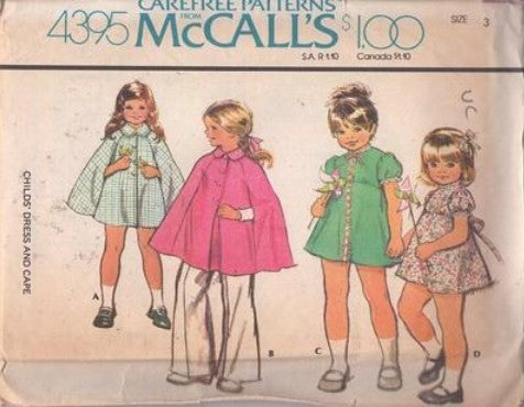 McCall's 4395 Vintage 70's Sewing Pattern Girls' Separates, High Waisted Puff Sleeve Brady Dress, Flared Poncho Cape, Cloak with Arm Slits Size 3