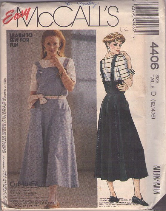 McCall's 4406 Vintage 80's Sewing Pattern Brat Pack Jumpers, Top, Easy Suspender Straps, Bare Back Jumper Dress, Sundress, Bib Skirt Size 12-16