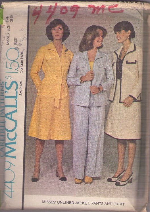 McCall's 4409 Vintage 70's Sewing Pattern Secretary Suit Separates, Unlined Wing Collar Jacket Top, Pants, A-Line Skirt Size 14
