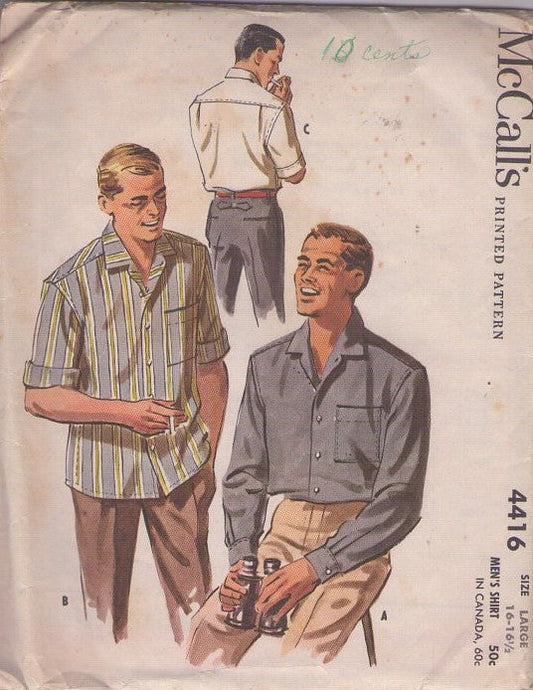 McCall's 4416 Vintage 50's Sewing Pattern Men's Rockabilly Shirts, Dress or Sport Shirt, Sleeve Choice, 3 Styles Size Large