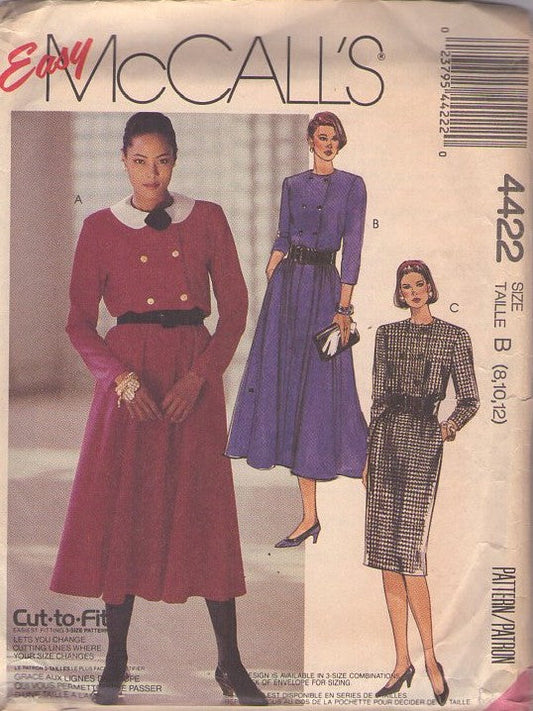McCall's 4422 Vintage 80's Sewing Pattern Office Dress Set, Secretary Dresses, 3 Double Breasted Bodice, Flared or Slim Skirt Styles Size 8-12