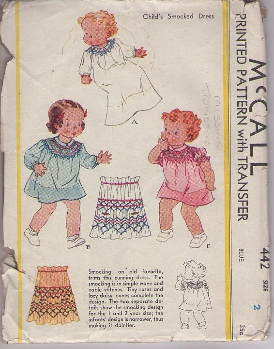 McCall's 442 Vintage 30's Sewing Pattern Girls' Smocked Dress, in 2 Styles & Bunting Gown, Smocking Transfer Size 2 CUT & MISSING TRANSFER