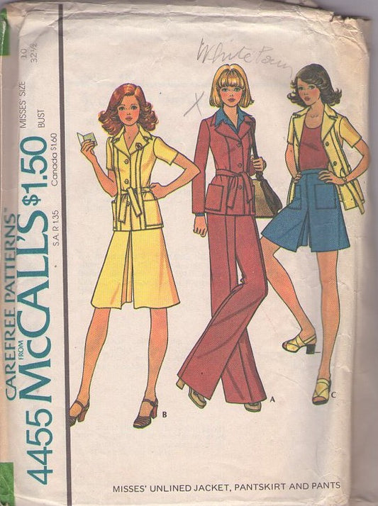McCall's 4455 Vintage 70's Sewing Pattern Disco Jacket, Split Skirt Shorts, Pantskirt, Culottes, Pants, Pantsuit Size 14