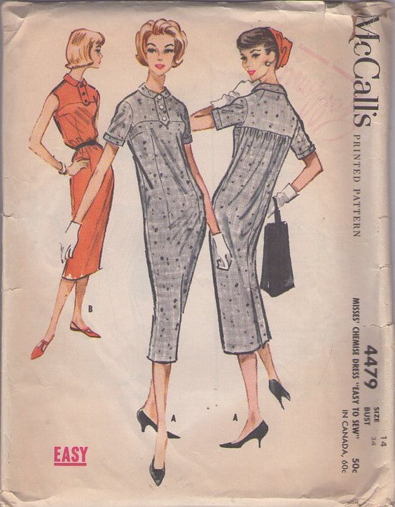 McCall's 4479 Vintage 50's Sewing Pattern Chemise Dress Set, Rockabilly Mad Men Chemise Sheath Dress SIZZLING! Size 14
