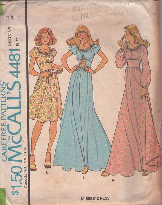 McCall's 4481 Vintage 70's Sewing Pattern Dream Boho Dress, Gunne Sax Style, Puff or Balloon Raglan Sleeves, Wide Cinched Midriff, Farmcore Dress or Formal Gown Set Size 12